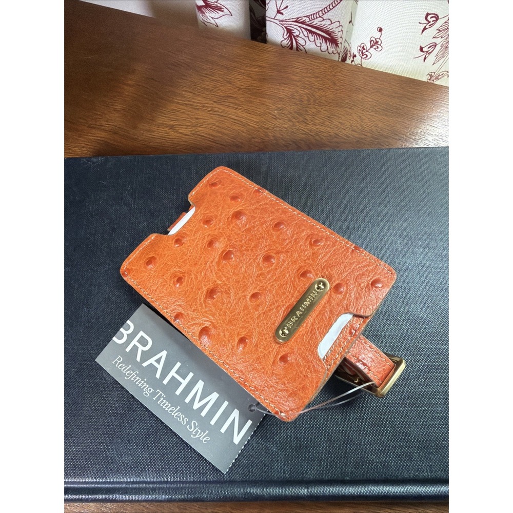 NWT Brahmin Ostrich Leather Orange Luggage Tag ID Holder RARE Quiet Luxury